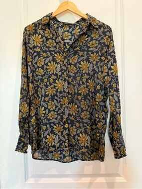 Tommy Hilfiger Floral Blouse XS Oversized Navy Mustard Roll Tab Sleeve Shirt